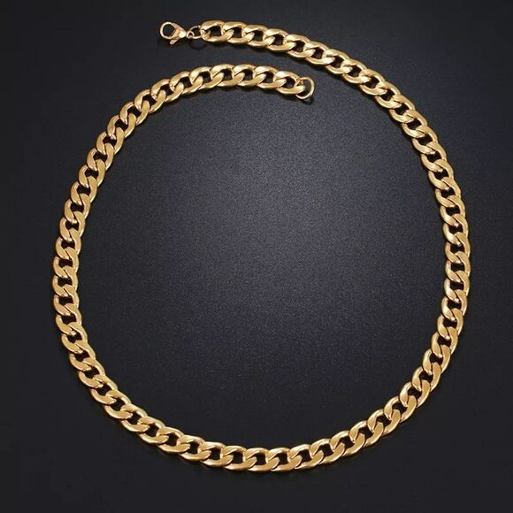 Gold Flat Curb Chain Necklace 9mm thick 20 inches long